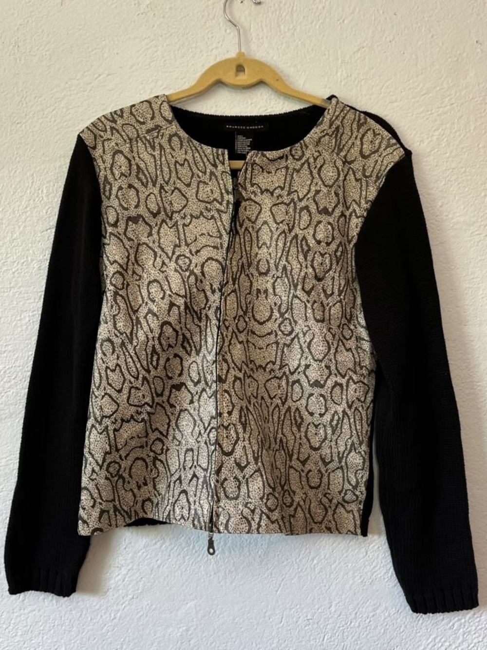 Maurice Sasson Snakeskin Leather Front Zip Up Jacket Knit Sleeves Black/ White L